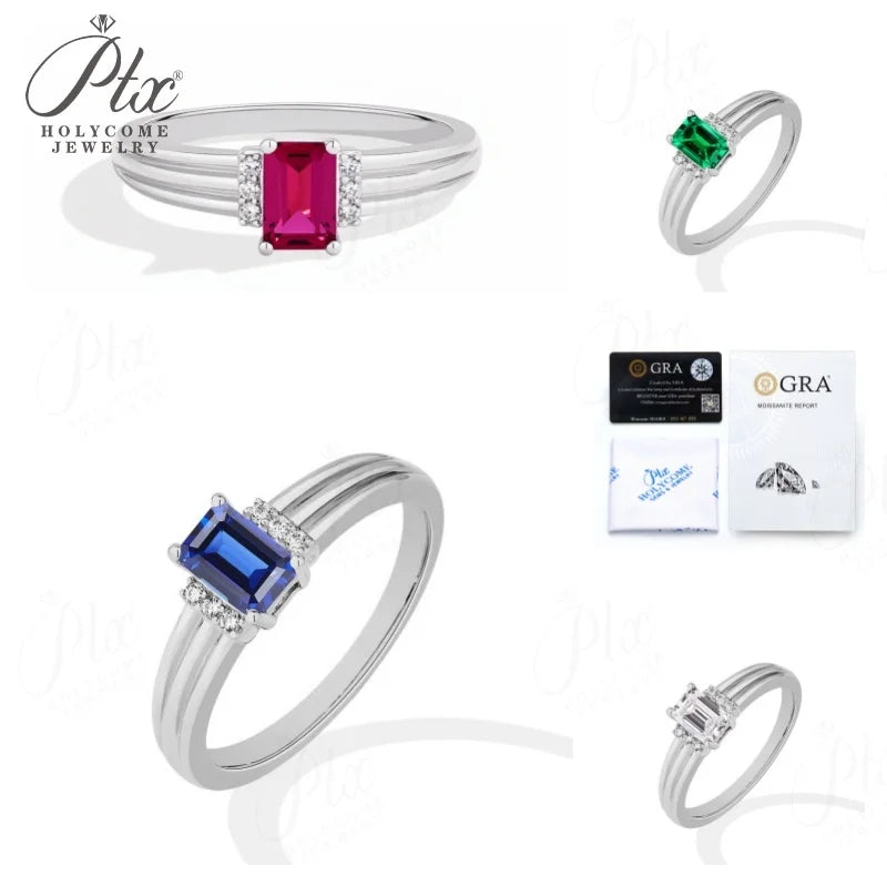 5x7mm Emerald Cut Red GRA Moissanite Ring